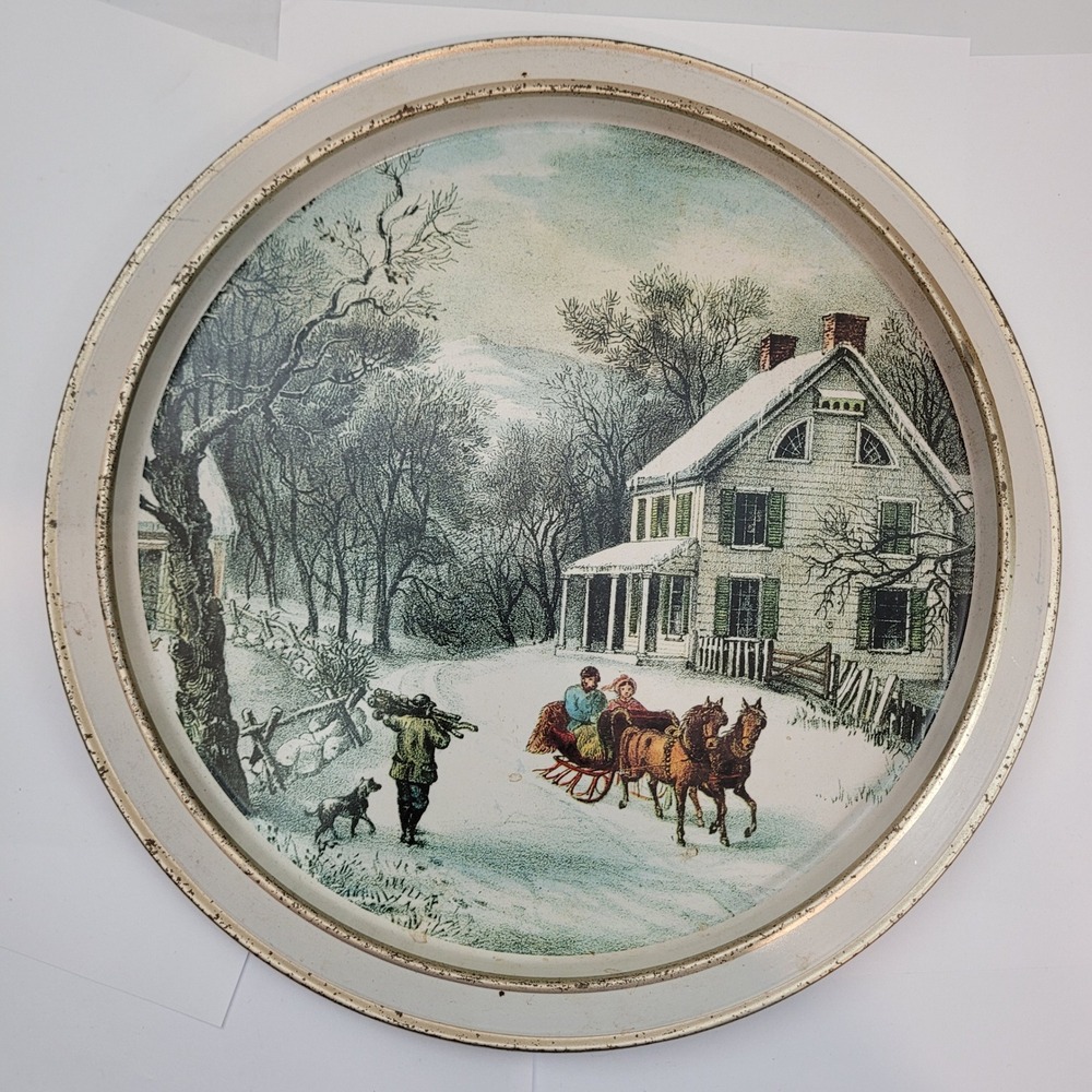Currier and Ives Tin Serving Tray American Homestead Winter Metal 12in‎ Round
